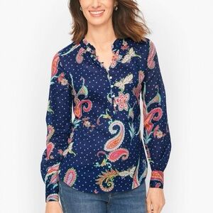 Talbots Twinkle Paisley India Ink Long Sleeve Blouse w buttons & hearts. Sz M